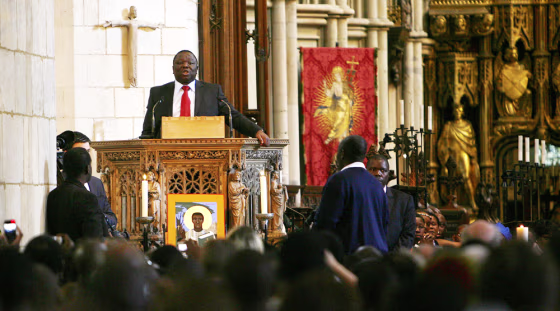 Image: Zimbabwe's Prime Minister Morgan Tsvangirai addresses the assembled congregation and Zimbabwean exiles at Southwark Cathedral in London