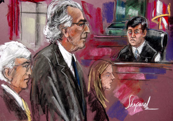 Image: Court artist's sketch shows disgraced financier Madoff attending his sentencing hearing in New York