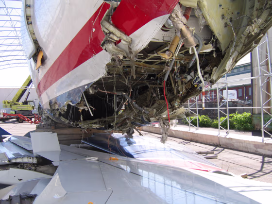 The plane, shown at a salvage yard in Kearny, N.J., sustained damage in the Jan. 15, 2009, crash landing in the Hudson River in New York.