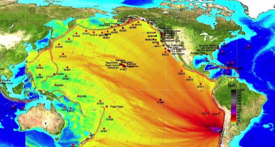 This graphic charts the computer modeling for the propagation of tsunami waves from the Chile quake, with color coding that reflects projections for maximum wave height.