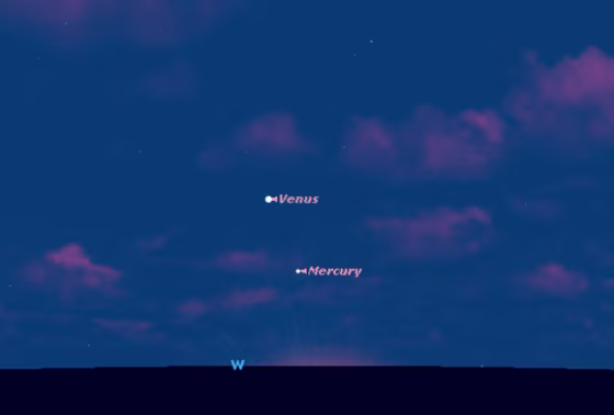 Venus and Mercury are shown just after sunset on March 26, 2010 from mid-nothern latitudes, as shown on a Sky Map made using Starry Night software.&nbsp;The two planets will appear closer together and higher in the sky on subsequent evenings.