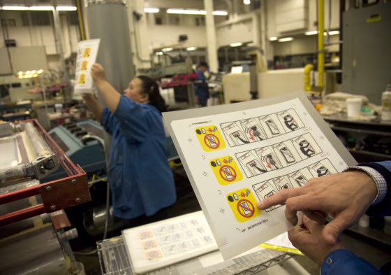 Image: Engela Vang looks at Boeing stickers