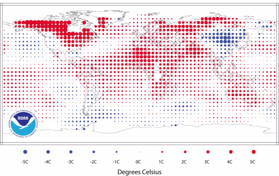 This world map shows April temperature variations from the 20th Century average,&nbsp;in Celsius.
