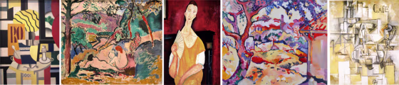 Image: Fernand Leger's \"Still Life with Chandelier\", Henri Matisse's \"Pastoral\", Amedeo Modigliani's \"The lady with the Fan\", Georges Braque's \"Olive tree near l'Estaque\", Pablo Picasso's \"Dove with Green Peas\"
