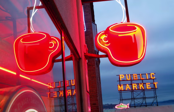 Image: Neon coffee shop sign at Pike's Place Market.