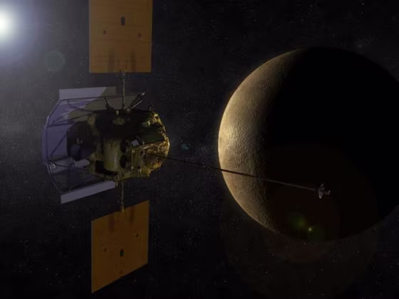 An artist's conception shows the Messenger spacecraft in orbit around Mercury.