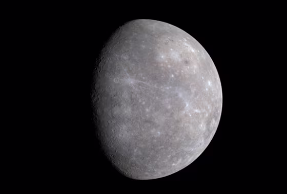 Color differences on Mercury are subtle, but they reveal important information about the nature of the planet's surface material. A number of bright spots with a bluish tinge are visible in this image taken by Messenger on Jan. 14, 2008, which is a mosaic from three different images.