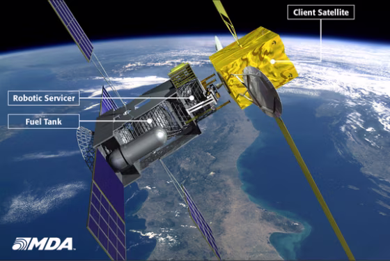 An artist's conception of how the SIS mobile space gas station will refuel client satellites in orbit.