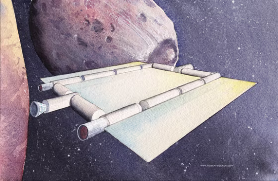 An artist's rendering of a space coach&nbsp;— a water-powered concept vehicle — cruising near the Martian moon Phobos. The cylinders are interconnected habitat modules, while the flatter regions are solar arrays.
