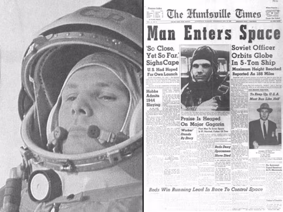 On April 12, 1961, Russian cosmonaut Yuri Gagarin (left, on the way to the launch pad) made the first human spaceflight, a 108-minute orbital journey in his Vostok 1 spacecraft. Newspapers such as The Huntsville Times trumpeted Gagarin's accomplishment.