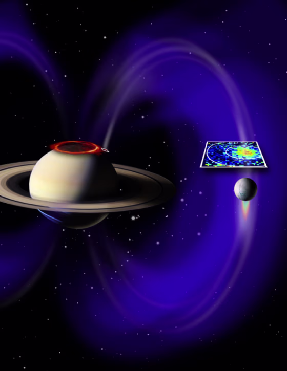 This artist's concept shows a glowing patch of ultraviolet light near Saturn's north pole that occurs at the "footprint" of the magnetic connection between Saturn and its moon Enceladus. The magnetic field lines and the footprint were detected by the ultraviolet imaging spectrograph and fields and particles instruments on board NASA's Cassini spacecraft.