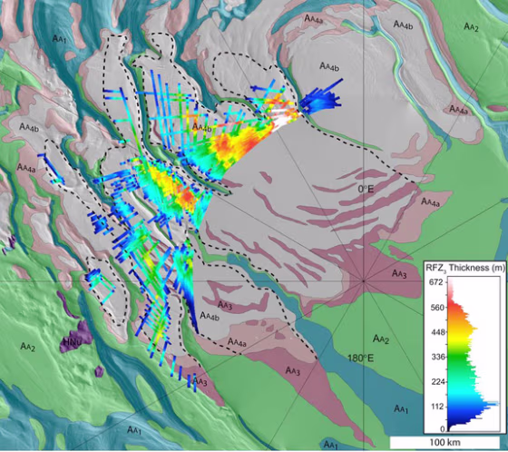 The ribbon colors in this map overlay of the south pole of Mars indicate the thicknesses of the carbon dioxide ice, or dry ice, detected by a radar on NASA's Mars Reconnaissance Orbiter. 