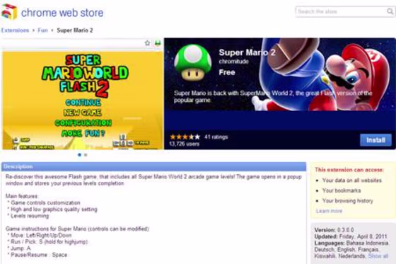 Is it worth downloading this Super Mario app if you have to give the developer access to your browsing history? Screen shot of Chrome Web store by SecurityNewsDaily