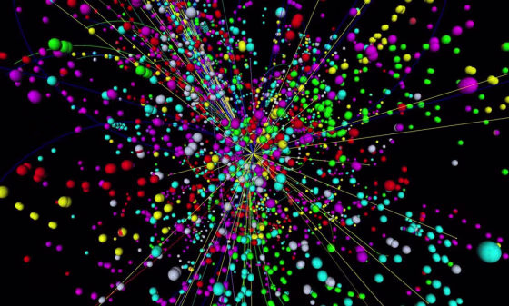 A simulation of a particle collision inside the Large Hadron Collider, the world's largest particle accelerator near Geneva. When two protons collide inside the machine, they create an energetic explosion that gives rise to new and exotic particles.