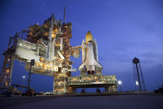 Space shuttle Atlantis stands on Launch Pad 39A at NASA's Kennedy Space Center in Florida, where it is set to liftoff on STS-135, the final shuttle mission, on July 8.