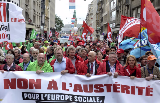 Image: Members of the European Trade Union Federation demonstrate in Luxembourg,