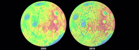 This image shows a comparison of the detail of a 2005 global moon elevation map,&nbsp;left, and one generated by the Lunar Reconnaissance Orbiter in 2010. NASA released this image on Tuesday.