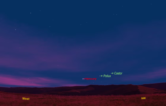 This sky map shows the location of Mercury just above the horizon on June Thursday&nbsp;night about 9 p.m. local time in midnorthern latitudes, weather permitting.