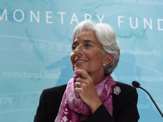Image: IMF managing director Christine Lagarde holds a press briefing at the International Monetary Fund headquarters in Washington