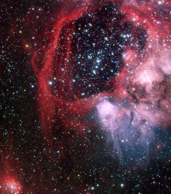 The European Southern Observatory's Very Large Telescope was used to obtain this view of the nebula LHA 120-N 44 surrounding the star cluster NGC 1929. 