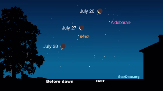 The moon, Mars and a star called Aldebaran will put on a skywatching show before dawn on July 26 and July 27.