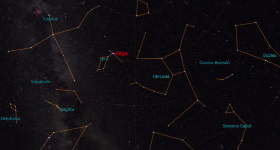 Look directly overhead to find the star Vega in the constellation Lyra. North is at the top of this sky map.