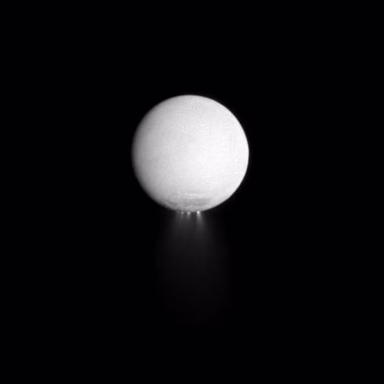 At least four distinct plumes of water ice spew out from the south polar region of Saturn's moon Enceladus. The image was taken in visible light with the Cassini spacecraft narrow-angle camera on Dec. 25, 2009.
