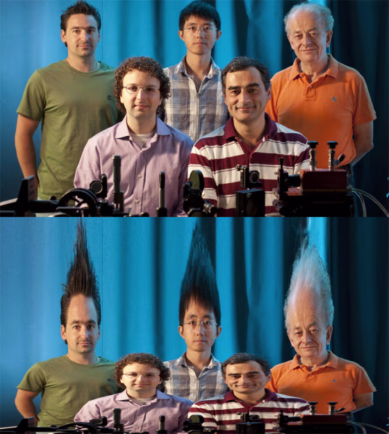 Top, clockwise from left: Patrice Genevet, Nanfang Yu, Federico Capasso, Zeno Gaburro and Mikhail A. Kats. Bottom: A simulation of the image that would appear in a large mirror patterned with the team's new phase mirror technology.
