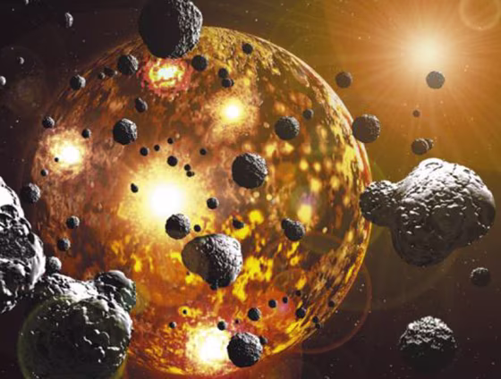 An artist's impression of the Earth during the period of meteorite bombardment 3.9 billion years ago.