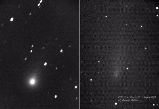Amateur astronomer Michael Mattiazzo of Castlemaine, Australia, caught these two images of comet Elenin on Aug. 19, left, and Sept. 6, 2011. The images show a rapid dimming in the comet, possibly hinting at its disintegration.