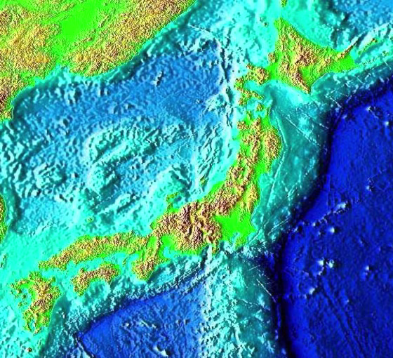 Deep oceanic trenches are common in subduction zones where one tectonic plate slides under another. This image shows the Japan Trench, east of Honshu Island.