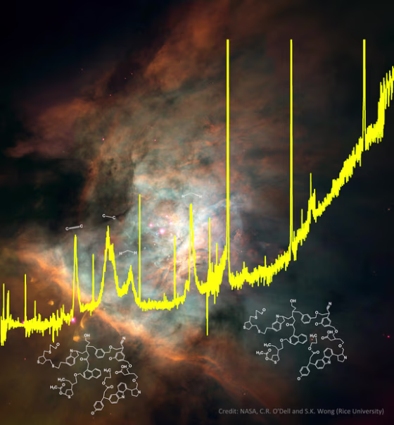 A spectrum from the European Space Agency's Infrared Space Observator superimposed on an image of the Orion nebula, where these complex organics are found.