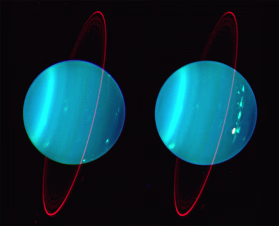 As this 2004 infrared Keck telescope image shows, Uranus is tilted, plus it has structure in its atmosphere. It even has a ring system. Not so boring now, is it?