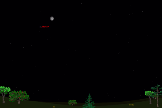 This sky map shows how Jupiter and the moon will appear in the sky at 8 p.m. local time to observers in midnorthern latitudes on Tuesday night.
