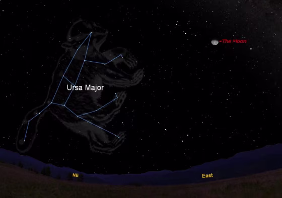 This sky map shows the position of the constellation Ursa Major (the Great Bear), which includes the well-known Big Dipper star pattern, and the moon as they will appear to observers at 1 a.m. Tuesday night to mid-northern latitude observers.