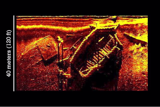 A digital sonar image of a newly discovered vessel on the floor of the York River in Virginia, at the site of the 1781 Battle of Yorktown. Students will help monitor the status of this wreck using robotic submarines.