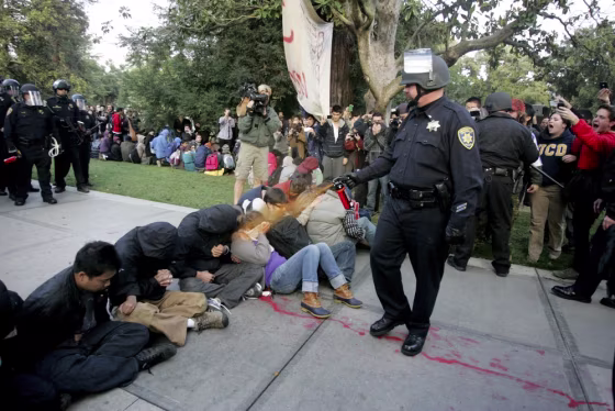 Image: A University of California Davis police officer pepper-sprays students during their sit-in at an \"Occupy UCD\" demonstration in Davis