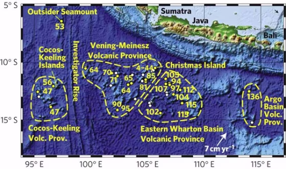 A map of the mysterious&nbsp;Christmas Island Seamount Province with seamount locations and plate motions.
