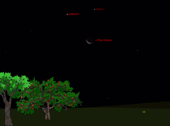 This sky map shows how the planet Saturn will form a sky triangle with the moon and bright star Spica on Tuesday before sunrise.This view shows how the trio will appear at 4 a.m. local time to observers in mid-northern latitudes.
