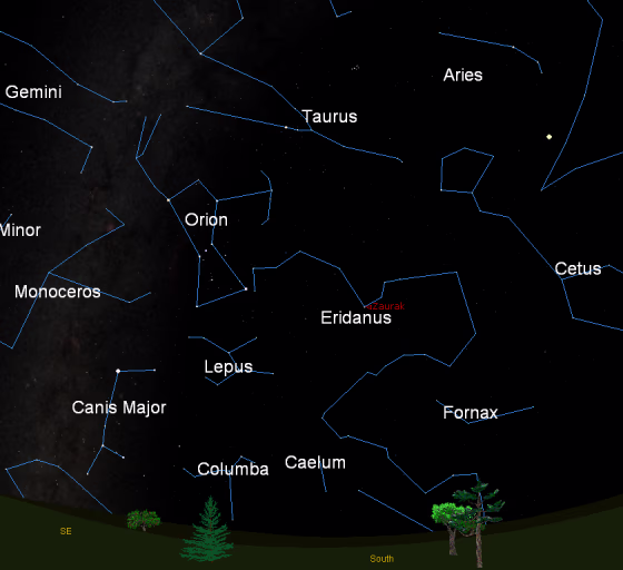 This sky map shows the southern night sky as it appears to observers in mid-northern latitudes at 10 p.m. local time in December 2011. The familiar constellation Orion dominates the view, but lesser-known star patterns are also worth a look.