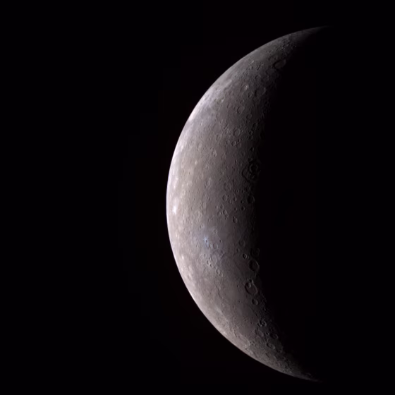 The first high-resolution image of Mercury transmitted by the MESSENGER spacecraft (in false color, 11 narrow-band color filters).