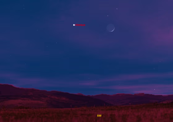 This sky map shows how the planet Venus and the moon will appear in the southwestern sky at 5 p.m. local time on Dec. 26.
