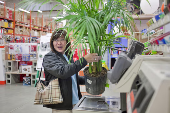 Anne Hidaka looks for help from a cashier while attempting to scan her potted palm plant in the automated self-checkout lane at a Home Depot in Seattle. The bar code placement on tall pots can be difficult to scan, causing people to tip the plants and spill soil. 
