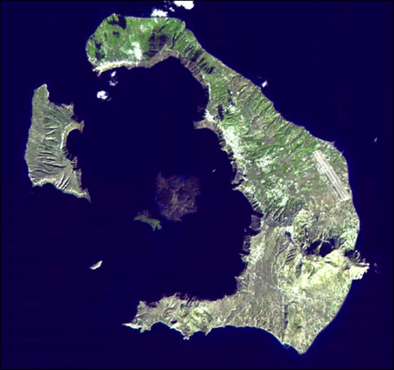 Santorini Volcano in the Aegean Sea, seen in this NASA satellite image, was the site of one of the largest eruptions in the last 10,000 years. The volcano's explosion&nbsp;removed so much magma from below the Earth that the volcano collapsed, producing a large crater.