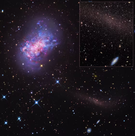 The dwarf galaxy NGC 4449 is the first dwarf galaxy with an identified stellar stream (faintly seen at the lower right, and in inset). The star stream represents the remains of a smaller satellite galaxy merging with NGC 4449. The inset image shows the stream resolved into red giant stars.