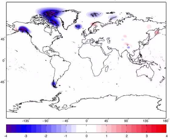 The average yearly change in mass, in centimeters of water, during 2003-2010, for all the world’s glaciers and ice caps (excluding Greenland and Antarctica). Glaciated regions with large ice loss rates stand out clearly.