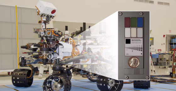 NASA's Mars rover Curiosity with an inset showing calibration targets to be used by a camera at the end of the robotic arm.
