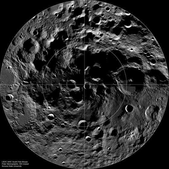 This photo of the moon's south pole, taken by NASA's Lunar Reconnaissance Orbiter, shows some of the permanently shadowed regions.