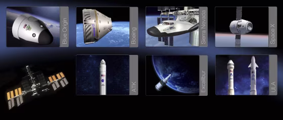 A NASA graphic shows hardware from the aerospace companies that have Space Act Agreements with the agency for developing crew transport systems. Top row, from left: Blue Origin's orbital space vehicle, Boeing's CST-100, Sierra Nevada's Dream Chaser and SpaceX's Dragon. Bottom row includes the International Space Station as well as ATK's Liberty Rocket, Excalibur's Almaz spacecraft and United Launch Alliance's rockets. The companies represented in the bottom row currently have unfunded agreements.