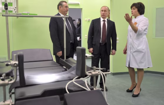 Image: Russian Prime Minister Putin visits the under construction regional perinatal center in the Russia's Siberian city of Kurgan